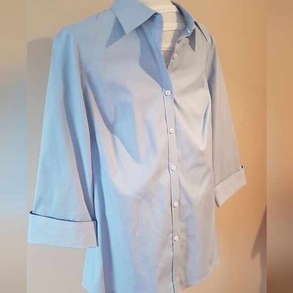 DENVER HAYES Classic Fit  Stretch BLUE Button Up Blouse 3/4 Sleeve & Cuff… - Picture 4 of 13